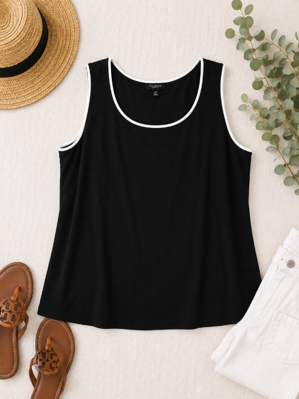 Talbots Women's 2X Black Tank Top White Trim Sleeveless Classic Layering Top